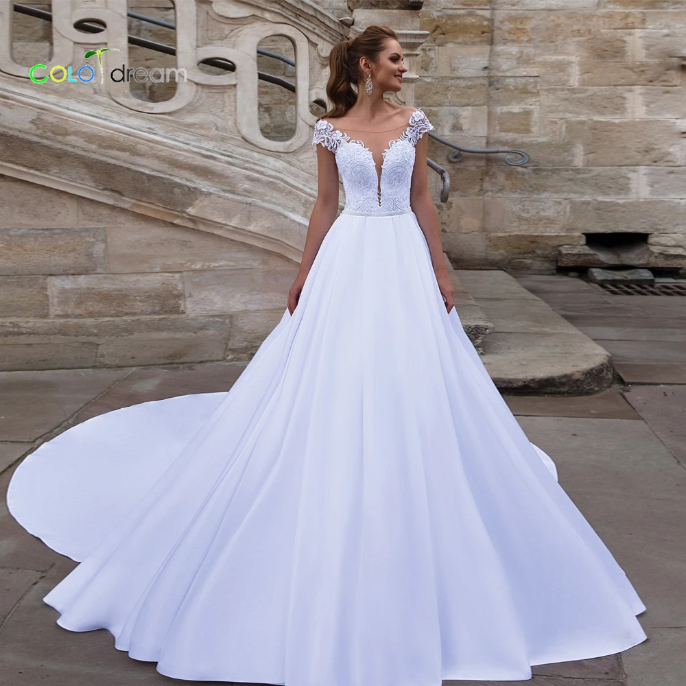 Свадебное платье A line chapel train vestido de novia с v-образным вырезом матовое пятно