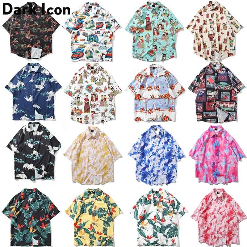 Темный логотип с полной печатью пляжные праздничные рубашки мужские летние модные Гавайские рубашки мужские повседневные рубашки с