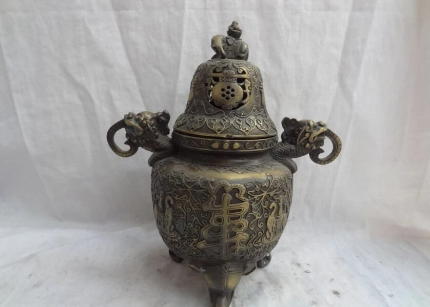 

S4770 9" Tibet Bronze Longevity Elephant Unicorn Head Statue Incense Burner Censer D0317