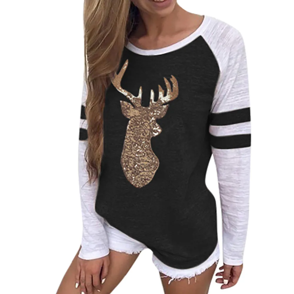 

Blouse Women Christmas Festival Womens Reindeer Blouses shirt Xmas Long Sleeve Elk Sequin Print Shirt Tops blusas mujer de