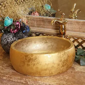 

Europe Vintage Style Ceramic Art Basin Sinks Counter Top Wash Basin Bathroom Vessel Sinks vanities round wash basins with gold