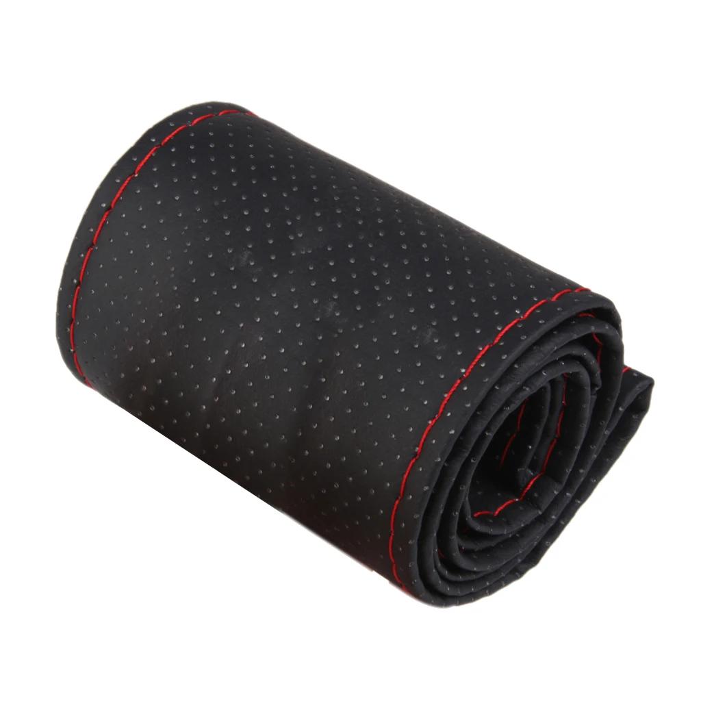 DIY PU LEATHER STEERING WHEEL COVER PROTECTOR WITH NEEDLES THREAD BLACK+RED