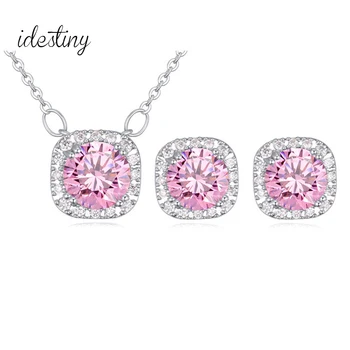 

11.11 Sale AAA Cubic Zirconia Jewelry Set for Girls Fashion Brand Square Design Necklace and Stud Earings Women Jewelery Gift