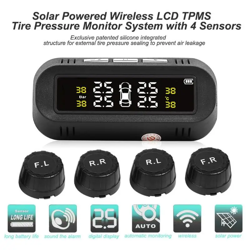 Tire Pressure Monitoring System USB+Solar Car TPMS Tire Pressure Monitor Pressure Gauge with 4 External Tire Pressure Sensors