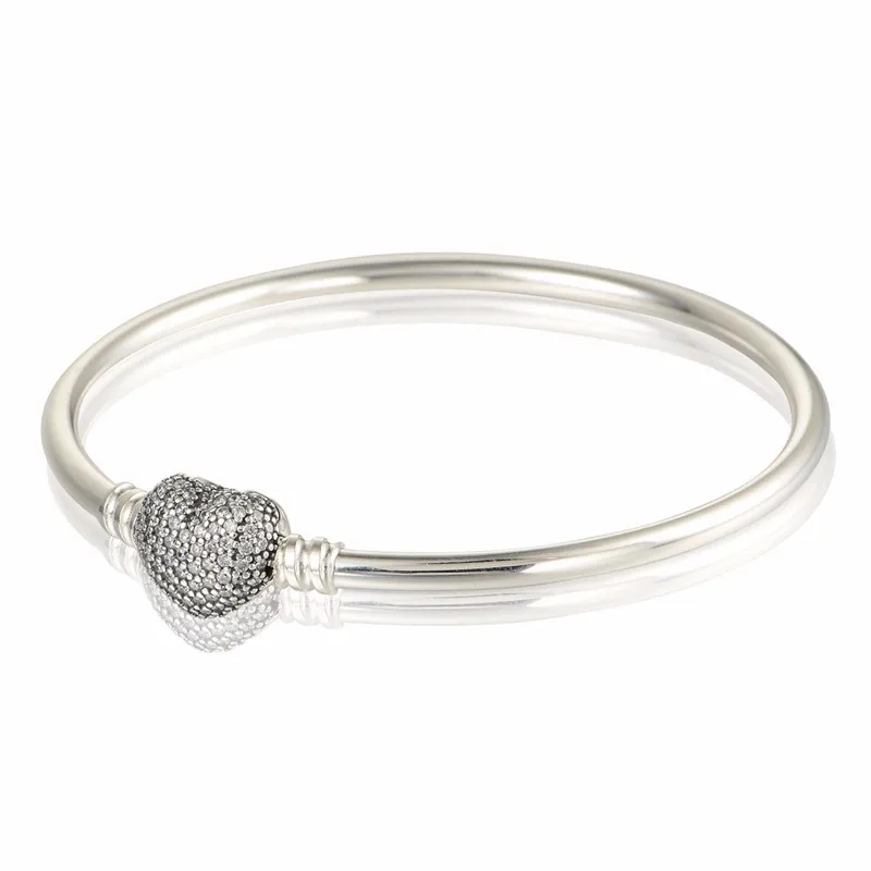 100-925-Sterling-SIlver-Heart-Bangles-with-Clear-CZ-Bracelets-For-Women-Fits-European-Famous-Brand