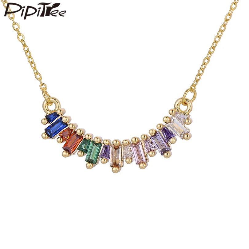 

Pipitree Shiny Princess Cut Colorful Cubic Zirconia Necklace Copper Gold Color Chain Rainbow Necklaces for Women Wedding Jewelry
