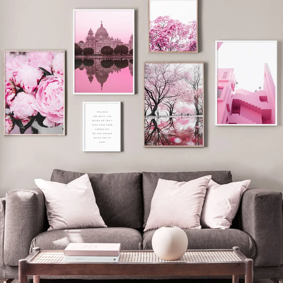 

Pink Floor Cherry Tree Church Rose Wall Art Canvas Painting Quotes Nordic Posters And Prints Wall Pictures For Living Room Decor