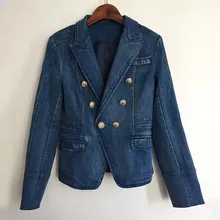 Осень-зима Мода взлетно-посадочной полосы дизайнерские синие джинсы куртка Для женщин металла лев кнопки двойной синие джинсы куртки пальто одежда
