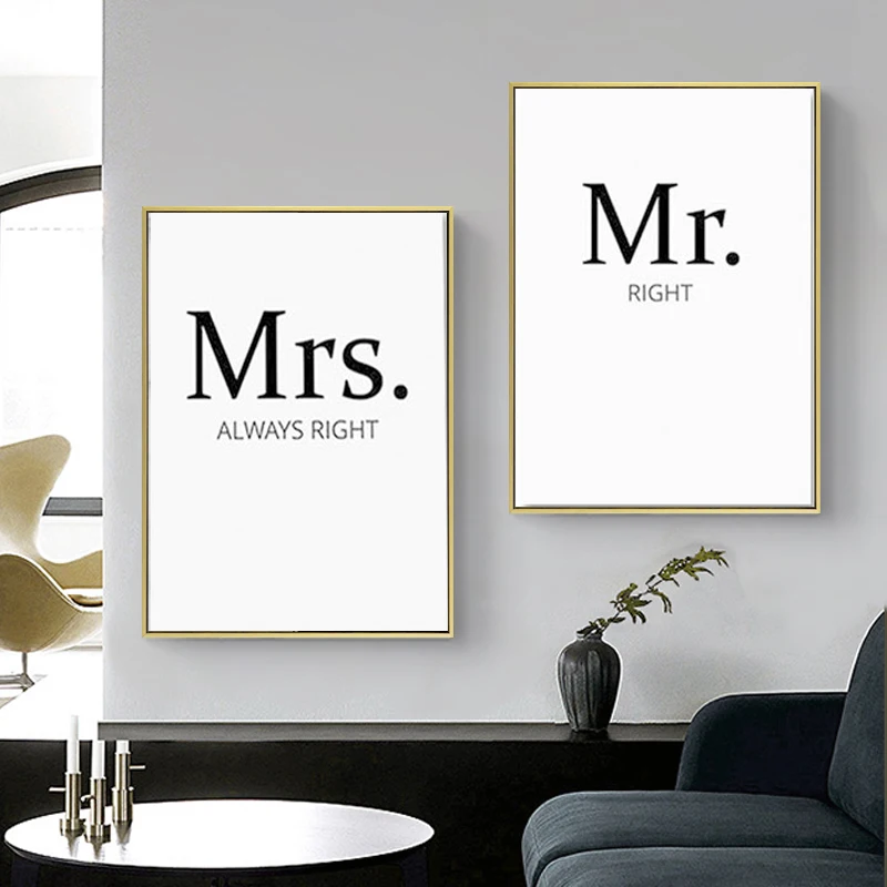 Черно белые кавычки холщовые картины Mr Right Mrs Always Couples настенные художественные