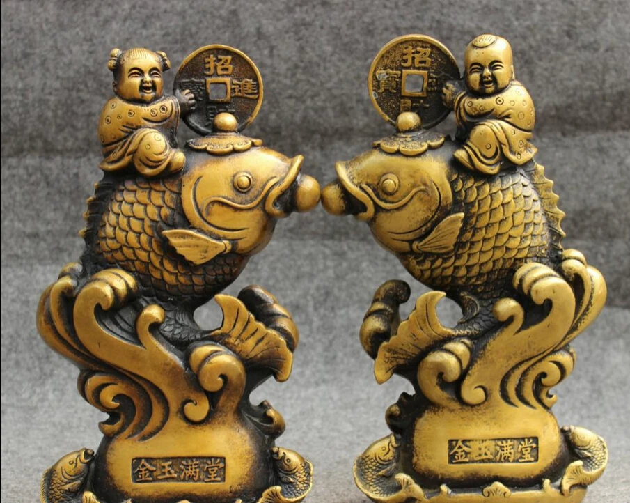 

S3375 9" Chinese Bronze Happy Kid Child Boy Girl Ride Jump Wealth Fish Statue Pair D0318