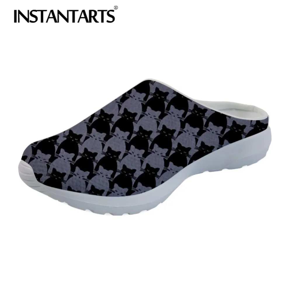 

INSTANTARTS Black Slippers 2019 Brand Design Women Beach Flat Shoes Full Moon Cats Print Summer Female Sandals Mesh Sandalias
