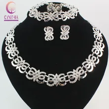 Дубай Серебряные комплекты украшений для женщин невесты горный хрусталь ожерелье серьги Чокеры браслет набор