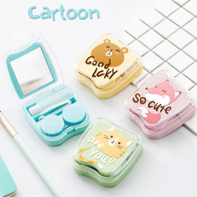 

Cartoon Lens Container with Mirror Portable Cute Contact Lens Case Square Women Contact Lens Container Case