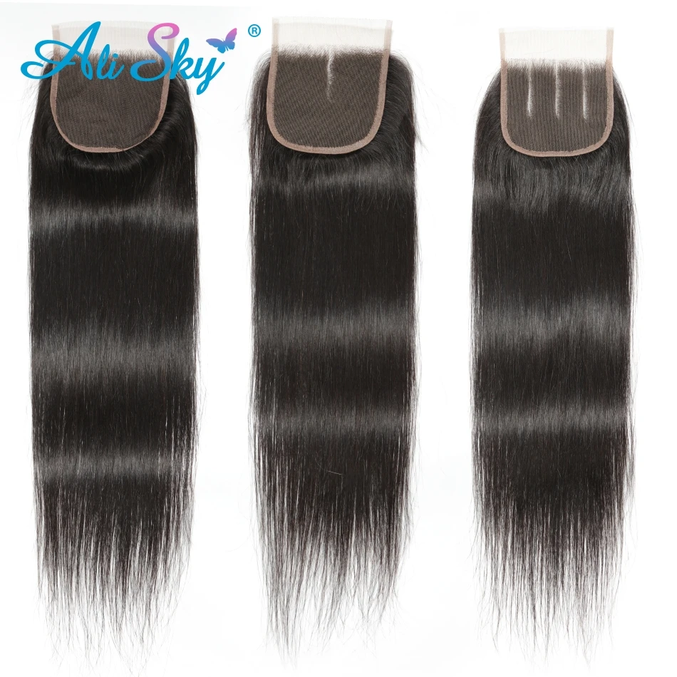 [Ali Sky]3 Bundles Straight Hair with Lace Closure Pre Plucked Brazilian Non Remy Free/Middle/Three Part 100% Black human hair