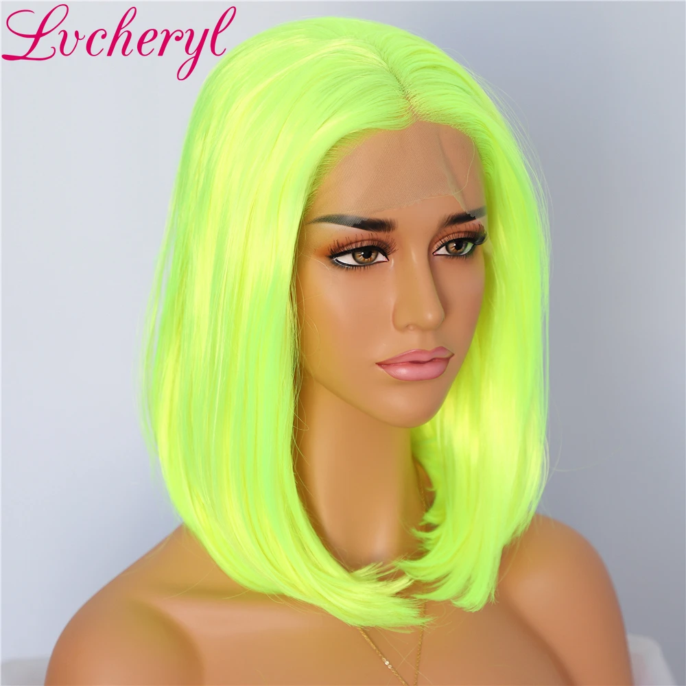 Lvcheryl модные новые неоновые желтые волосы короткие волосы вечерние парики полная Плотность Glueless синтетические парики на кружеве для макияжа