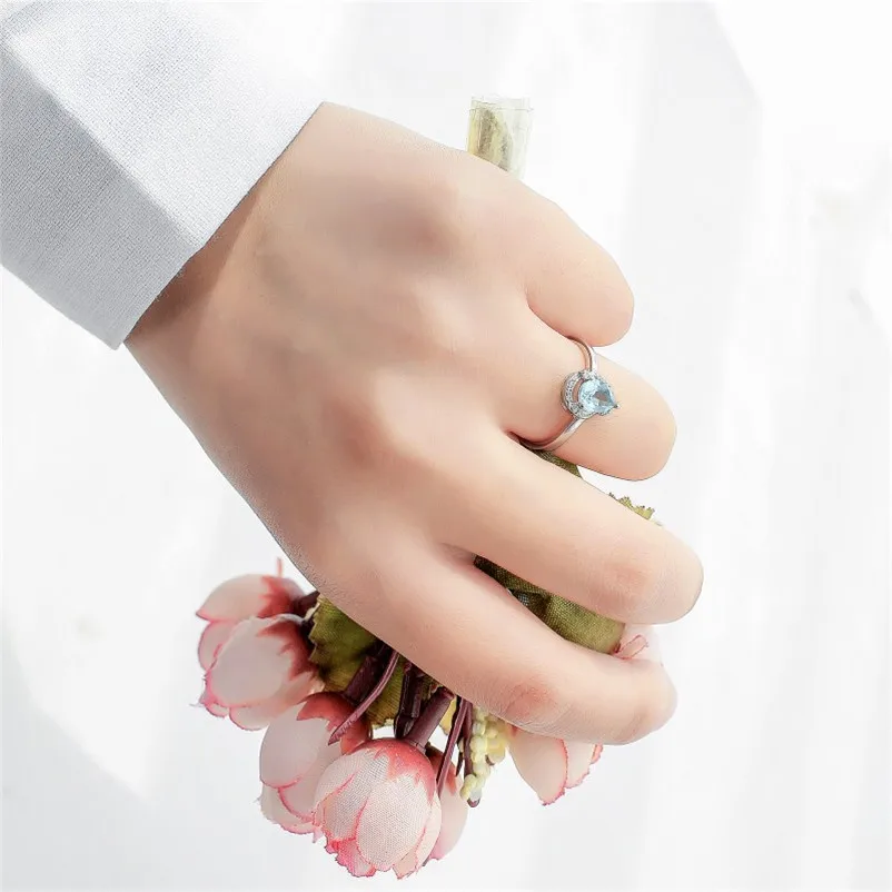 Rings For Women Fine Jewelry 100% Silver Natural Topaz Blue Water Drop Gemstone Ring Simple Classic Accessories R-TO013
