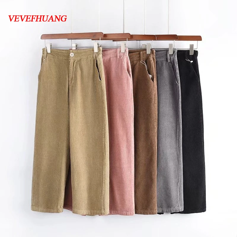 

VEVEFHUANG 2018 Autumn Winter Women's Pants High Waist Loose Wide Leg Corduroy Pants Korean Retro Casual Ankle-Length Trousers