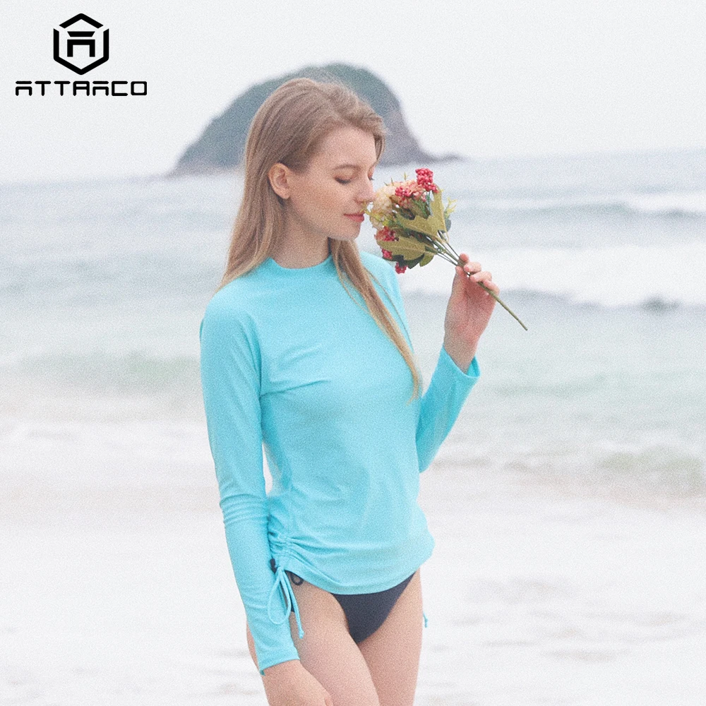 

Attraco Rashguard Women Rash Guard Swimwear Long Sleeve Side Bandaged Biking Shirts Surf Top Running Shirt Swimsuit UPF 50+