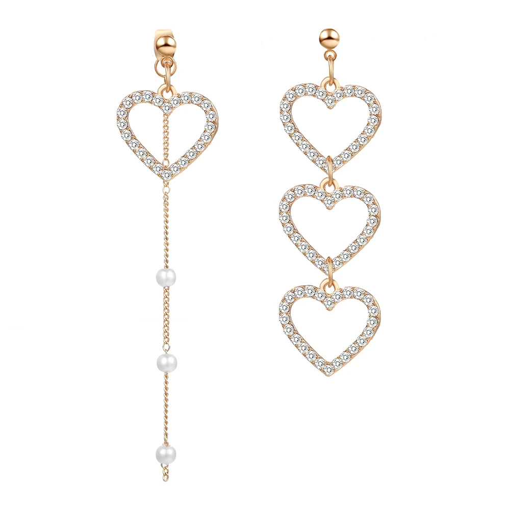 

2019 New Korean Love Heart Earrings Charm Pearl Tassel Crystal Earrings For Women Fashion Asymmetric Drop Earring Luxury Jewelry