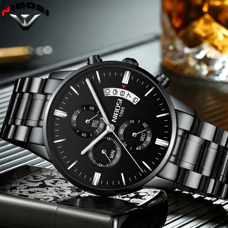 Achat NIBOSI Relogio Masculino UN Prova D gua Grande Montres Hommes Marque De Luxe En Acier Plein Montres À Quartz Hommes En Cuir Chronographe montre
