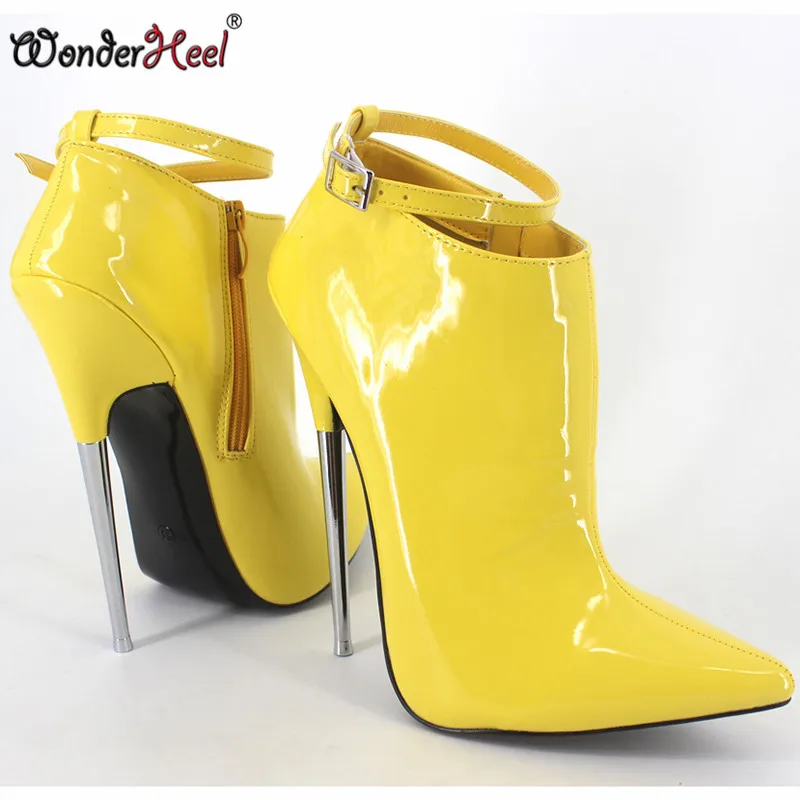 Wonderheel/туфли на очень высоком каблуке 18 см с острым носком; женские туфли желтого цвета из лакированной кожи; пикантные ботильоны на металлической шпильке