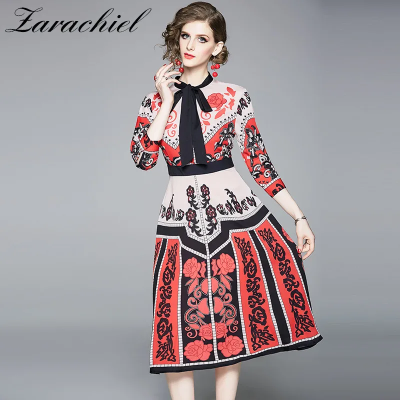 

Autumn Fashion Designer Dress Women's Bow Cllar Three Quarter Sleeve Gorgeous Runway Red Flower Printed Midi Slim Vintage Dress