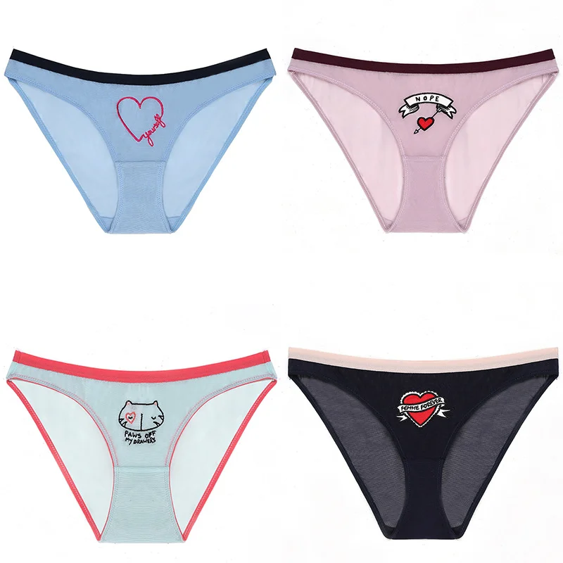 

4 PCS/Lot sexy Transparent low-rise Briefs with mesh for women Underwear Personality patterns and letters Embroidery design