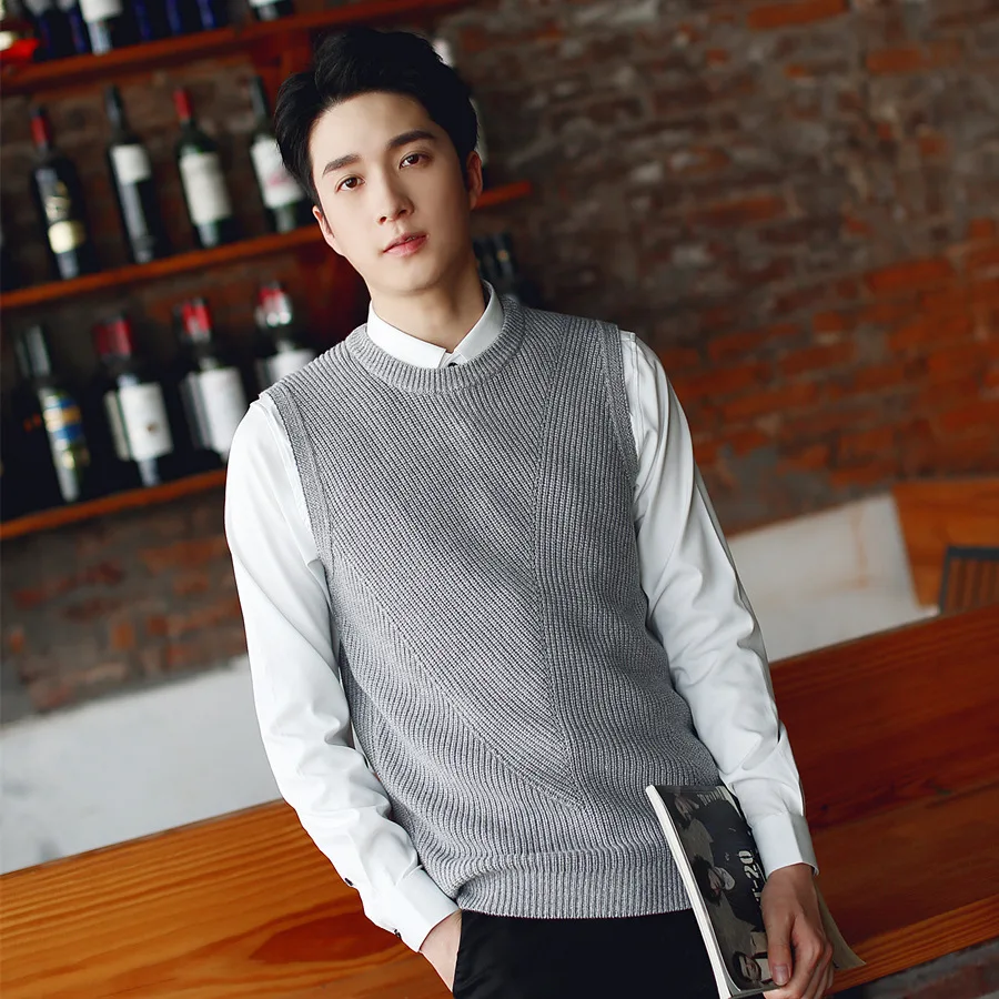 Японский Корейский стиль, весна-осень, вязаные жилеты, деловой Повседневный вязаный мужской жилет без рукавов, свитер, рубашка, Базовая Трикотажная одежда - Цвет: gray