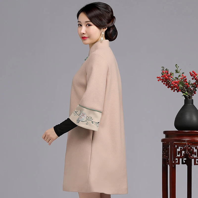 Новая зимняя теплая классическая женская уличная китайская винтажная шерстяная куртка с рукавом три четверти с вышитыми цветами плотное пальто размер S-XXL