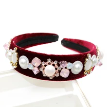 Элегантная винно-красная Вельветовая повязка для волос, розовый опал, кристалл и стразы, повязка на голову с жемчугом, повязка на голову для женщин, девочек, аксессуары, ювелирное изделие