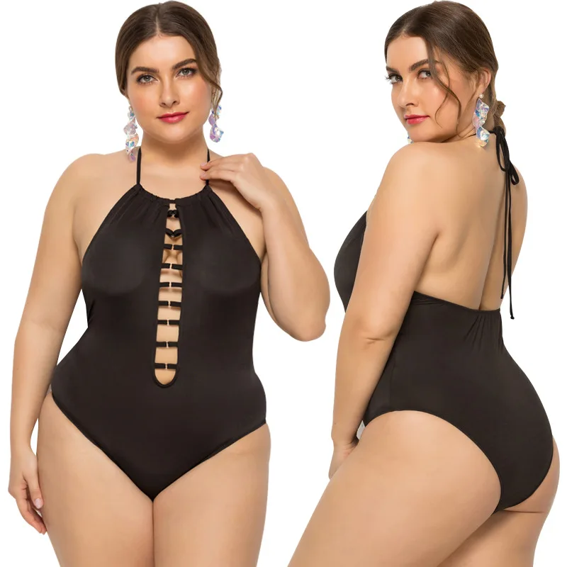 

2019 new European and American Women's Bikini Solid Color Halter Sexy Neckline Cutout Sling 2XL-5XL Siamese Swimsuit