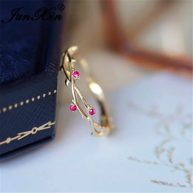 JUNXIN Dainty Rose Red Zircon Eternity Rings For Women 925 Silver Yellow Gold Small Crystal Stackable Wedding Thin Ring Female