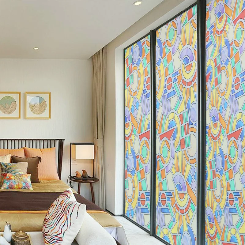 

Colorful Geometric Patterns Stained Window Films Static Cling Decorative Privacy Glass Film Without Glue For Window Decoration