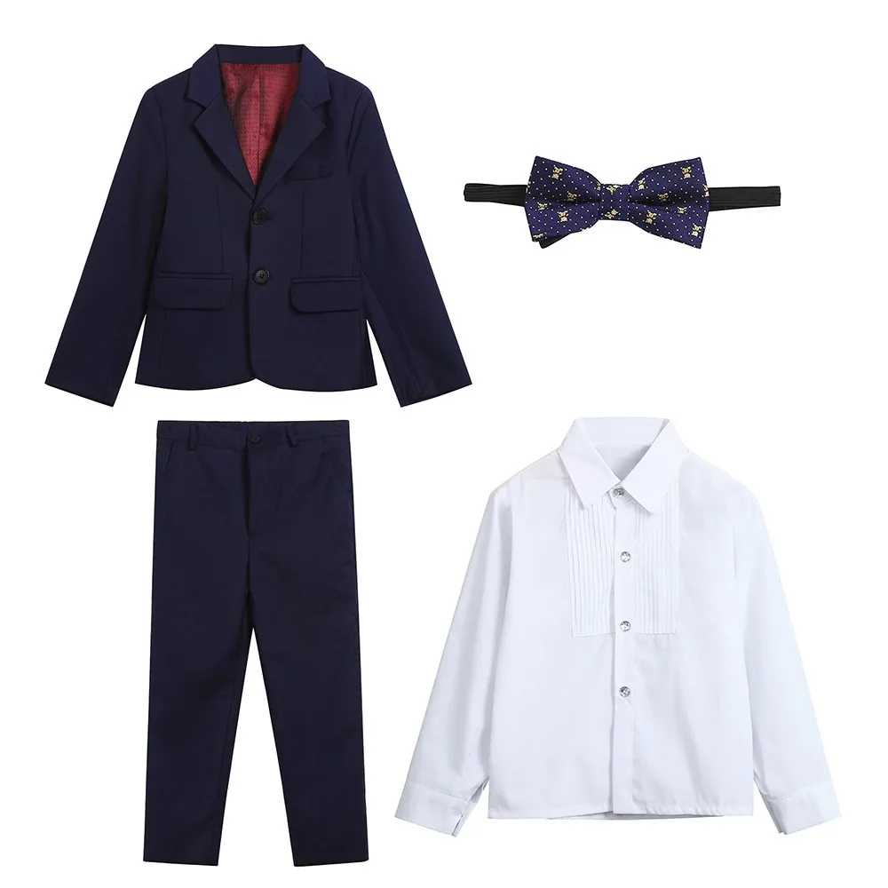 4 предмета, модные детские деловые костюмы для мальчиков, пиджак+ штаны+ галстук-бабочка+ рубашка, костюм для свадьбы, вечерние костюмы, menino - Цвет: Navy