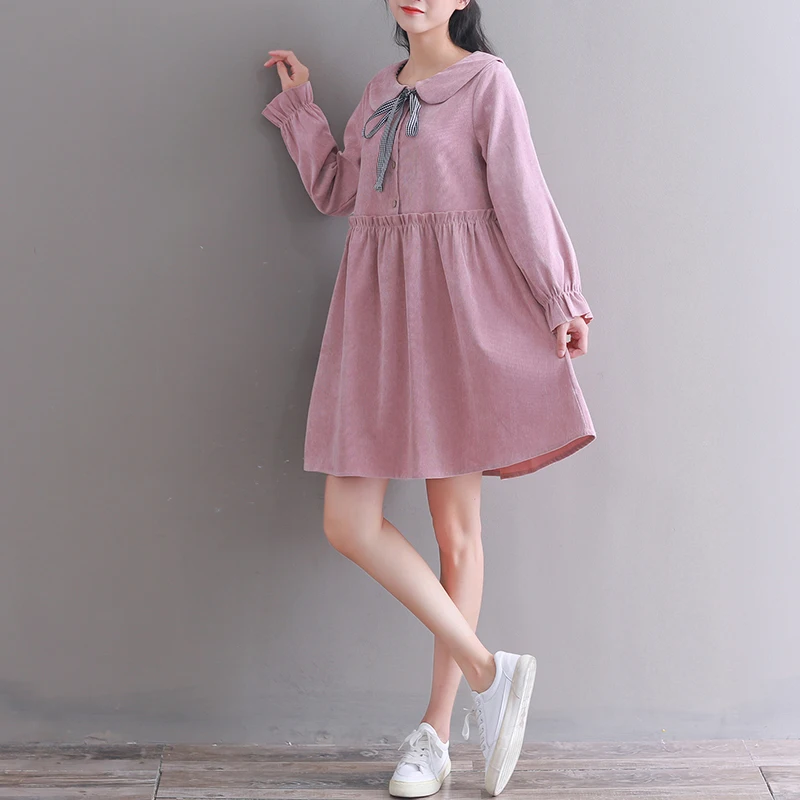 Женское короткое платье японского стиля"Preppy Style",милое вельветовое платье весна-осень,свободное мини платье,повседневное симпатичное платье для невысоких девушек,коричневого и розового цвета - Цвет: Pink