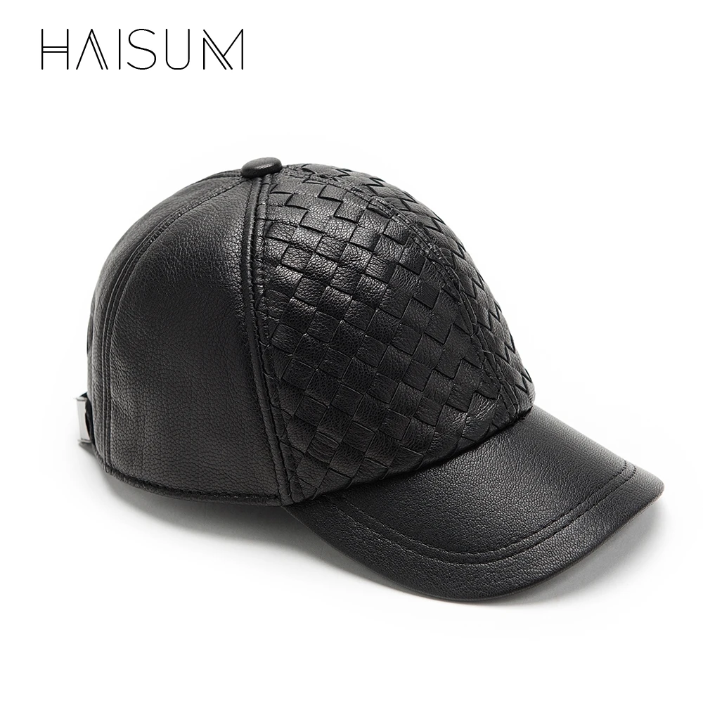 

Genuine Leather Baseball Cap Men Hats And Caps Solid Color hand made Black Leather Leisure Fashion Travel Biker CS113
