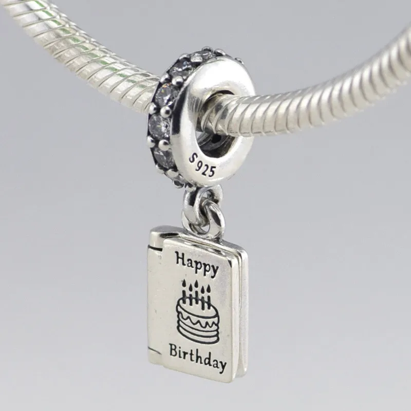 

Happy Birthday Cake Best Wishes Silver Charms for Bracelets & Bangles Fashion CZ Floating Silver 925 Charms for Jewelry Making