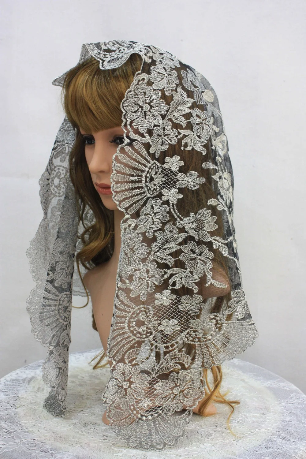 

Silver Metallic Embroidery Lace Mantilla ,Catholic Church Lace Veil