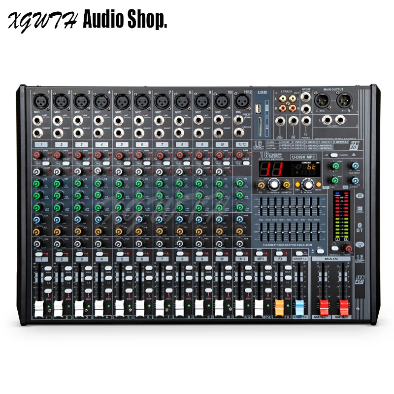 12 채널 믹서 16 DSP 디지털 리버브 효과 USB + 48V 팬텀 파워 블루투스 사운드 믹싱 콘솔, DJ 무대 오디오 장비 용