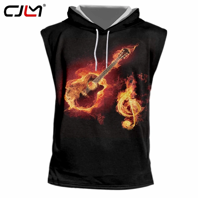 

CJLM Man Fashion Large Size Hooded Tank Top 3D Red Leisure Vest Full Printed Flame Cello Musical Note Men's TankTop