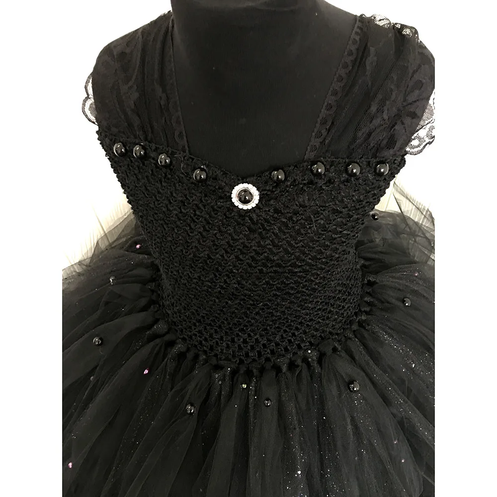 Darkness Black Fluffy Kids Dress Halloween Princess Girl Birthday Evening Carnival Party Tulle Tutu Dress with Pearls for Photo (4)
