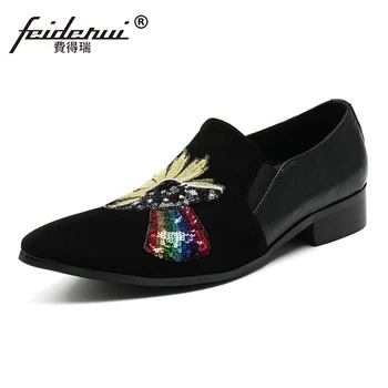 

Plus Size Black Pointed Toe Slip on Glitter Man Loafers Cow Suede Leather Comfortable Runway Wedding Party Men's Shoes SL94