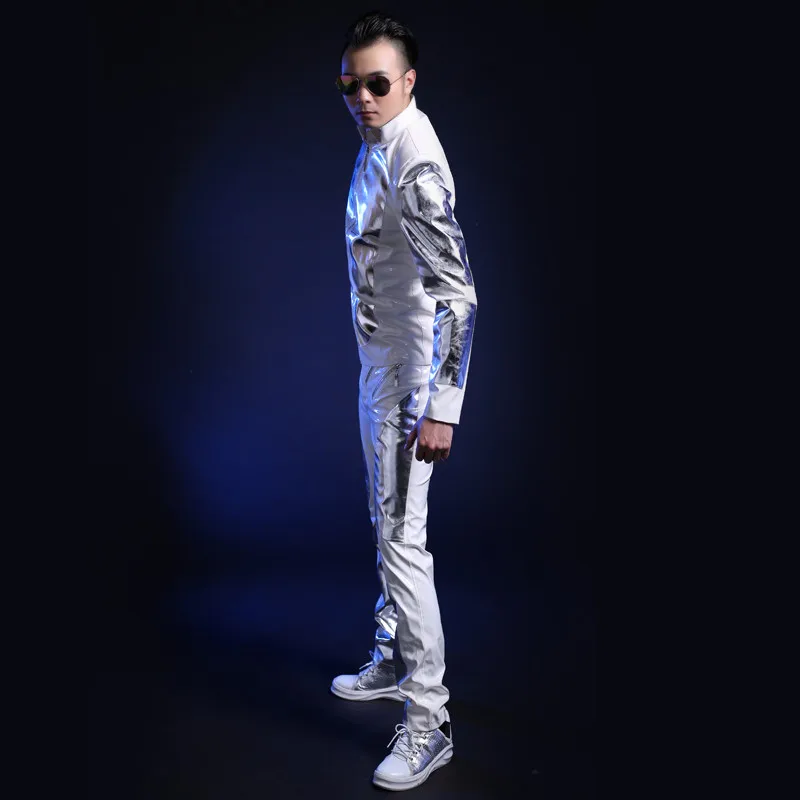New Bar Performance Costume Men Nightclub Nights DS White Patent Leather Stage Costume Men03