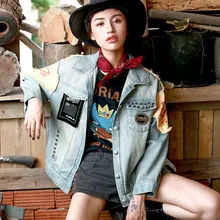 Faye's store Новинка весна осень для женщин личность Рок Панк стиль заклепки Вышивка Повседневная Свободная шикарная короткая джинсовая куртка