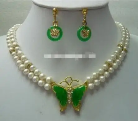 

Hot sale new Style >>>>>2 Rows White Pearl Green Jade 18KGP Crystal Butterfly Pendant Necklace Earrings