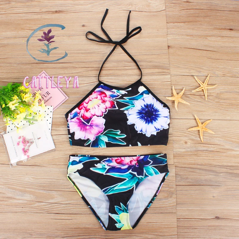 

CATTLEYA 2017 Newest Bandage Floral Print Bikinis Women High Neck Swimwear Back Cross Swimsuit Girls Biquinis Beach BathCQ 17006