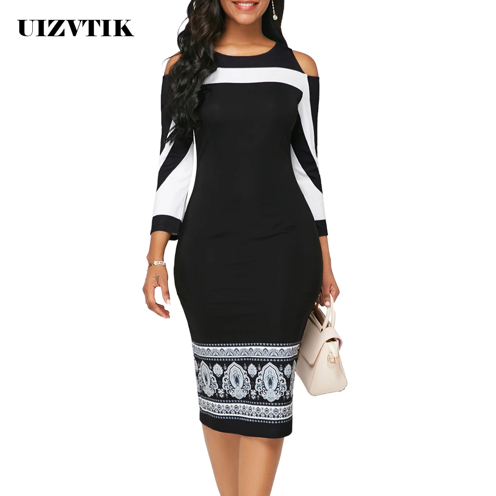Ceny Letnia jesienna sukienka damska 2019 Casual Plus rozmiar Slim ołówkowa do biura sukienki bandażowe typu bodycon elegancka sukienka w stylu Vintage Sexy Off Shoulder