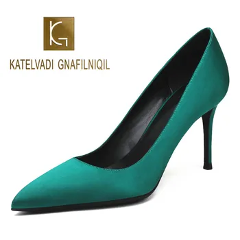 

KATELVADI 8CM Heels Wedding Shoes Green Satin Zapatos Mujer Fashion Women's Summer Footwear,K-326