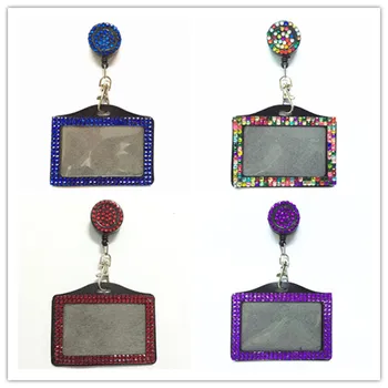 

10pcs/lot Bling Crystal Rhinestone ID Badge Holder Horizontal Credit Card Bus Card Case With Retractable Badge Reel Stationery