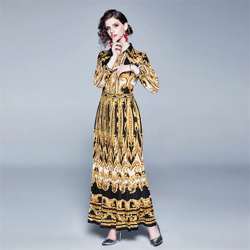 

Spring Autumn Dress Women Designer Dresses Runway 2019 High Quality Printed Vintage Casual Shirt Dress Maxi Long Robe Femme